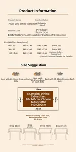 Size guide table for modern embroidered tablecloth with black and white line patterns
