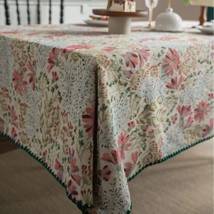 French vintage floral jacquard tablecloth with scalloped green edge for dining room decor