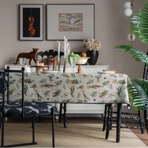 French vintage floral embroidered tablecloth with cream stripes and bird patterns