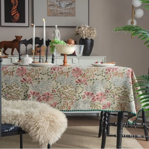 French vintage floral jacquard tablecloth with elegant green scalloped crochet edges