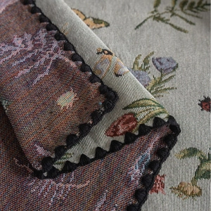 French vintage floral tablecloth with jacquard tulip pattern and wavy lace edge