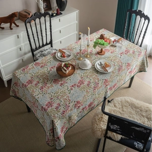 French vintage floral embroidered tablecloth with colorful jacquard for rectangular tables