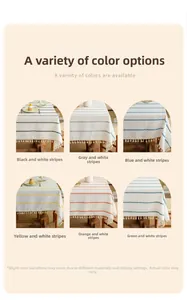 Detail of minimalist striped tablecloths with tassels in six different color options