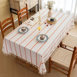 Nordic Style Polyester Embroidered Tablecloth With Tassels Striped Geometric Pattern Kitchen Dining Room Decorative Cover