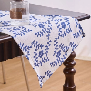 French pastoral table runner with blue floral prints on beige linen fabric for home decor