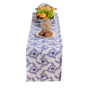French country style white table runner with blue floral print on cotton linen fabric