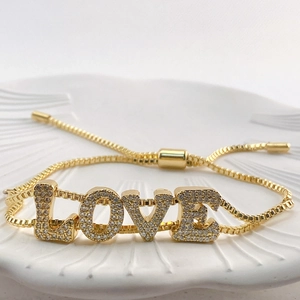 Adjustable gold LOVE bracelet with cubic zirconia paving and box chain for women