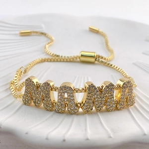 DIY Personalized Gold Pave Zirconia Alphabet A-Z Initial Number 0-9 Pendants Copper Adjustable Box Chain Bracelet For Women