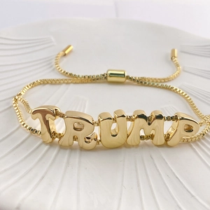 Adjustable 18k gold plated box chain bracelet with TRUMP bubble letter pendants