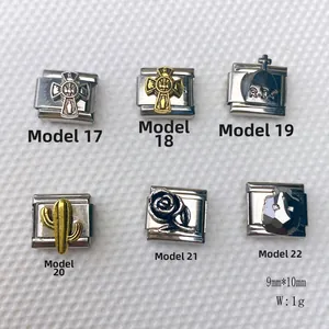 Breloques italiennes en acier inoxydable avec croix et rose, maillons modulables 9x10mm