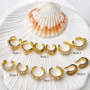 18K Gold Plated Copper Ear Cuffs For Women Elegant Non-Pierced C-Shape Zircon Faux Artificial Pearl Layered Clip Earrings Jewelry