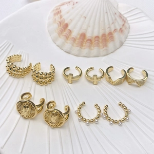Set of 18K gold-plated wave geometric ear cuffs with pearls and vintage embossed designs