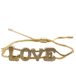 Adjustable gold plated LOVE letter bracelet with pavé cubic zirconia crystal stones