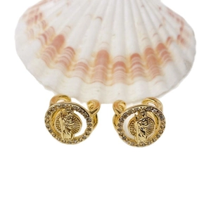 French design U-shaped gold religious ear cuff with saint relief and pavé zircons