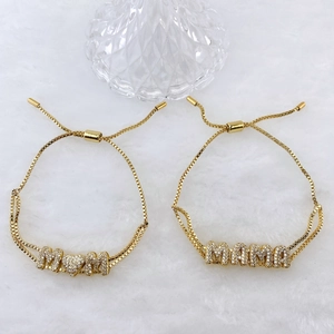 Adjustable gold plated MOM and MAMA letter bracelets with cubic zirconia paving