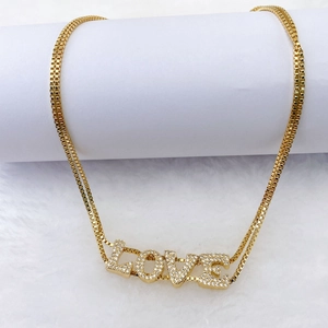 Copper Double Layer Box Chain Necklace Personalized Initial Letter Number Heart Pendant Pave Rhinestone Jewelry Gift