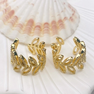 Minimalist 18K gold-plated wave hoop earrings with intricate leaf pattern and bead detail