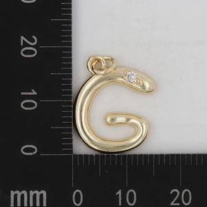 Makroaufnahme von Goldanhänger Buchstabe G mit Zirkon und 15mm Maßstab am Lineal