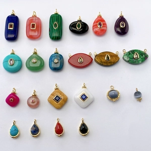 Natural Stone Pendant Necklace Colorful Rhinestone Inlaid Alloy Gold Plated Lapis Lazuli Tiger Eye Malachite Agate Jewelry For Women