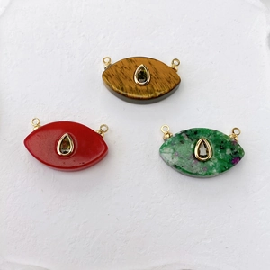 Set of natural stone marquise pendants with teardrop zircon in tiger eye and agate