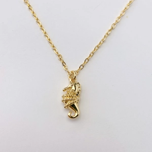 Dettaglio ravvicinato di una collana con ciondolo a forma di cavalluccio marino