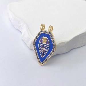 Gold-plated Hamsa Hand shield necklace with blue enamel and purple zircon stones