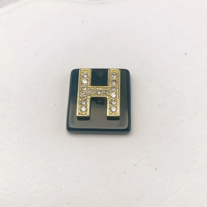 Detail eines rechteckigen schwarzen Anhängers mit goldenem Kristall-Buchstaben H