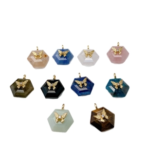 Set of 10 hexagonal natural stone pendants featuring gold butterfly and zircon accents