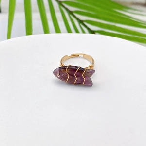 Artisan purple fish-shaped gemstone ring with gold wire wrap and adjustable band
