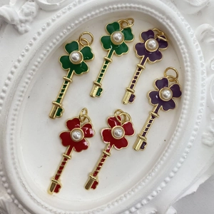 Set of 6 mini enamel poker card key pendants with flowers and faux pearl charms
