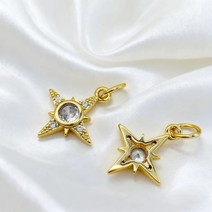 Detailed macro view of 18K gold plated North Star pendant with zircon inlay and silk background
