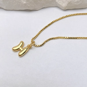Detalle macro de un collar con colgante de letra H burbuja chapado en oro de 18 quilates