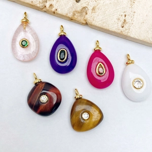 Pendentif Rétro en Pierre Naturelle Géométrique Avec Zirconia Goutte d'Eau Rond Seul Pendentif Sans Chaîne pour Femme Bijoux de Mode