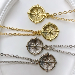 Retro sun zircon compass coin pendant necklaces in gold and silver finish with O-chains