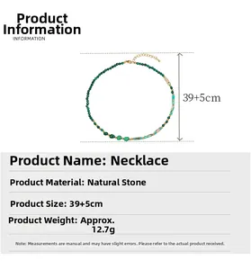 Guía de tallas del collar de piedra natural verde con medidas de 39 más 5 cm y peso de 12,7g