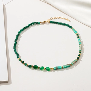 Collar de Cuentas de Ágata Verde Vintage para Mujer Cadena de Clavícula de Piedra Natural Irregular Geométrica Joyería Chapada en Oro Regalo