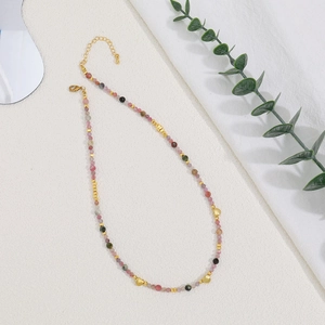 Collar Pulsera de Cuentas de Turmalina Multicolor Natural para Mujer Colgante de Corazón Cruz de Acero Inoxidable Hecho a Mano