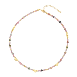 Collar artesanal de cuentas de turmalina natural con colgantes de corazón dorados