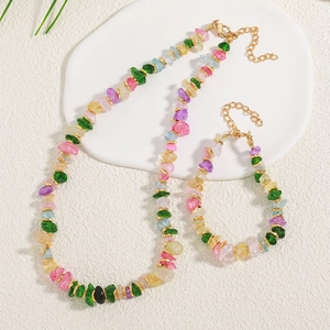 Handmade Irregular Natural Stone Beaded Necklace Bracelet Colorful Real Gold Plated Copper Jewelry For Women Vacation