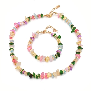 Colorful irregular natural stone beaded necklace and bracelet jewelry set with gold clasp