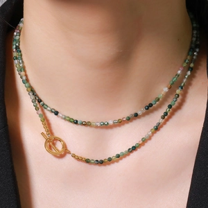 Collana Vintage Doppio Strato in Pietra Naturale Con Chiusura a Levetta in Rame Placcato Oro Agata Muschiata Girocollo Donna