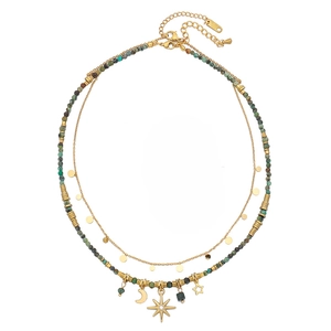 Collana boho placcata oro con perline turchesi e ciondoli celesti a stella e luna