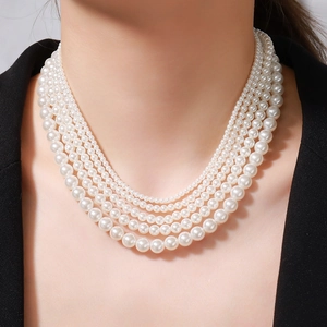 Elegante Meerlaagse Imitatie Kunstparel Choker Halsketting Verguld Koper Glazen Kralen Vintage Luxe Sieraden Voor Vrouwen Bruiloft Feest Statement Accessoire