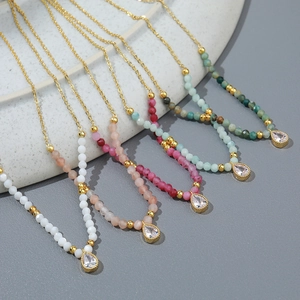 Collar de Cuentas de Cobre Hecho a Mano para Mujer Piedra Natural Colorida Colgante de Strass Gota de Agua Joyas Boho Bañadas en Oro