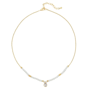 Collar delicado de cuentas doradas con perlas blancas y colgante de gota de cristal