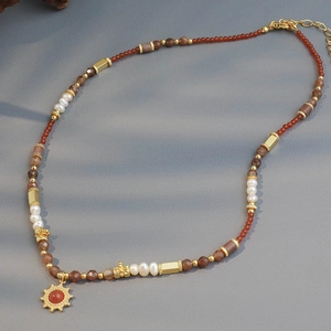 Bohemian Natural Freshwater Pearl Stone Sun Pendant Necklace Copper Real Gold Plated Ethnic Choker Women Jewelry Gift