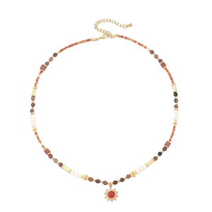 Ethnic necklace with colorful stones, freshwater pearls and a gold sun pendant charm