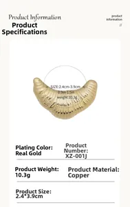 Detail view of gold-plated croissant brooch showing 2.4x3.9cm size and copper material