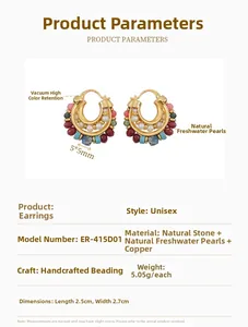Detail view of handmade C-shaped earrings with colorful natural stones and pearls