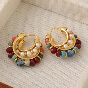 Bohemian C-shaped hoop earrings with colorful beads and white pearls in gold finish